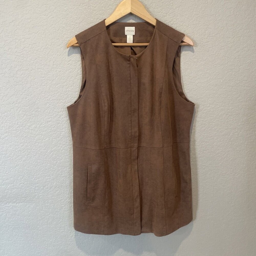 Chico's Faux Leather Vest Brown size 2 (12/14) Tunic Length Pockets